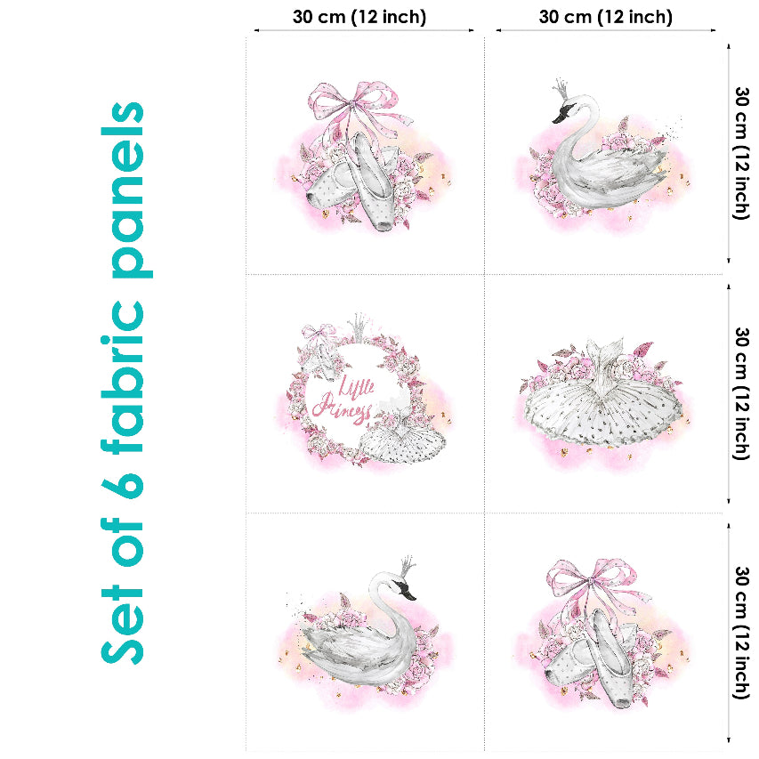 Set of 6 fabric panels with a ballet theme, featuring illustrations of ballet dancers and tutus in pastel colors on a white background.
