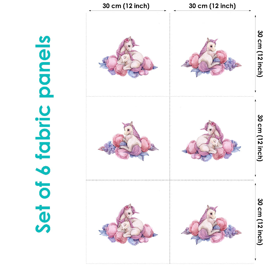Set of 6 fabric panels featuring a unicorn and floral pattern in pink tones, with dimensions provided.