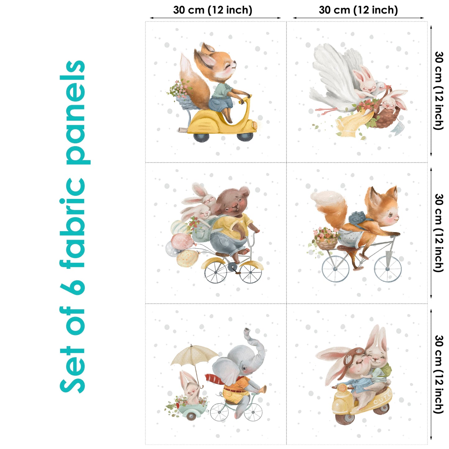 Set of 6 fabric panels featuring various cartoon animal characters in whimsical situations, such as riding bicycles and playing musical instruments.