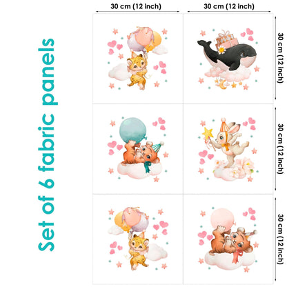Set of 6 fabric panels with cartoon orange animals designs, each 30 cm by 30 cm.