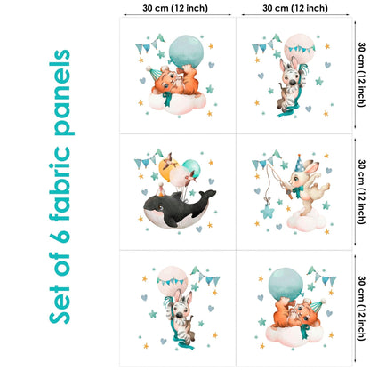 Set of 6 fabric panels with various cute animal characters in party hats and with balloons, each measuring 30x30cm.