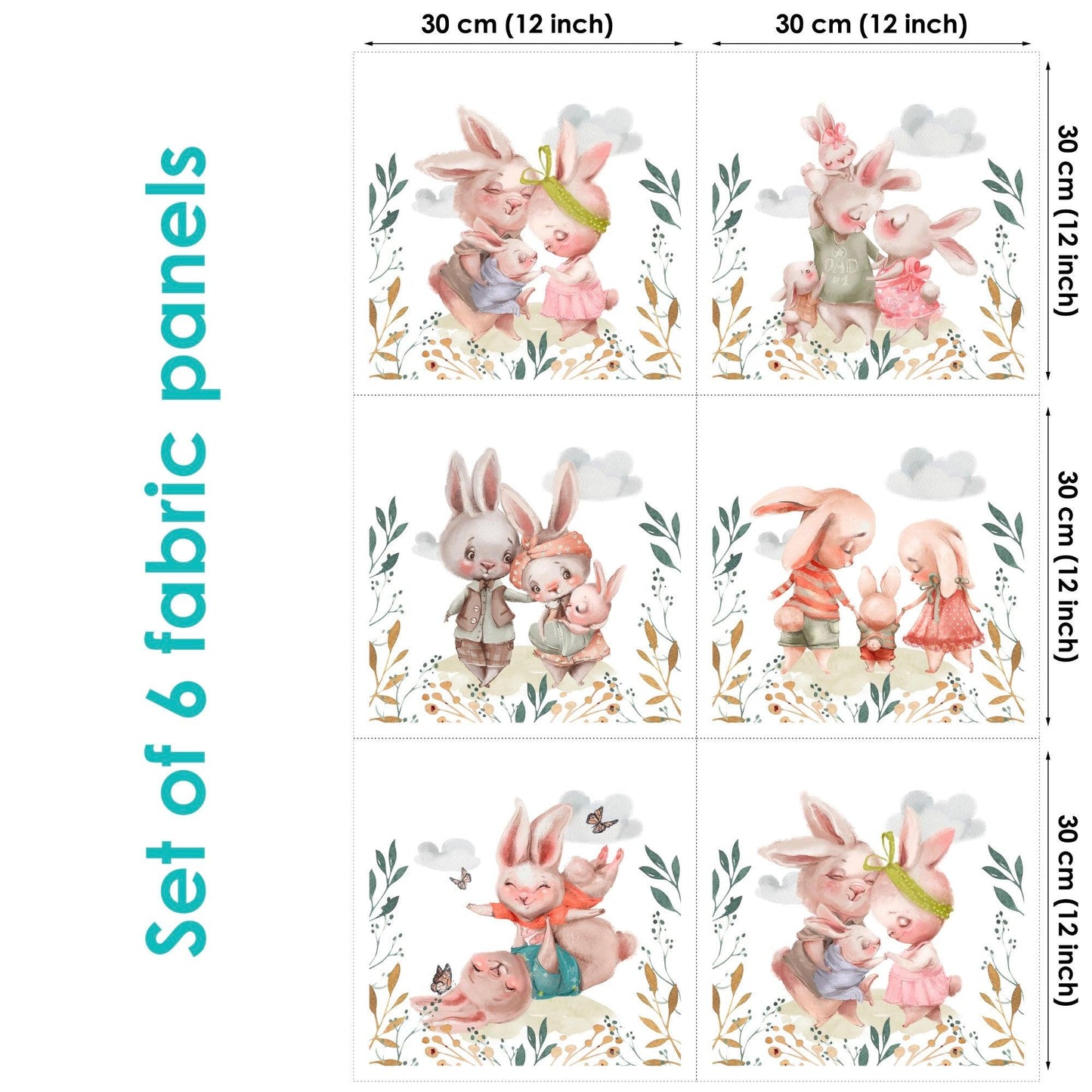 A set of six fabric panels featuring illustrations of bunny characters in various poses and expressions.