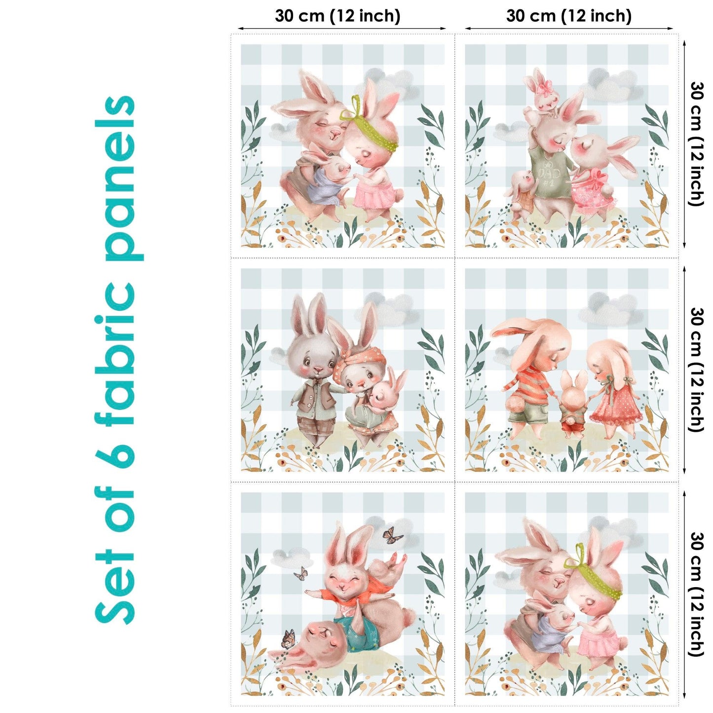 Set of 6 fabric panels featuring illustrated bunny characters in various poses and a checkered background.
