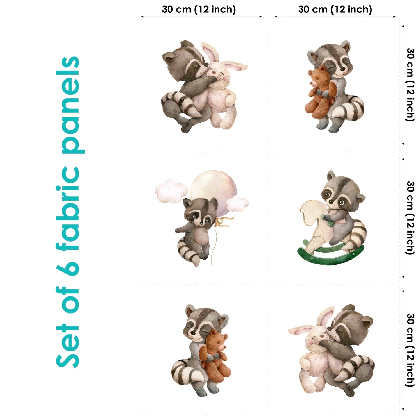 Set of 6 fabric panels featuring various raccoon designs, each with a plush toy.
