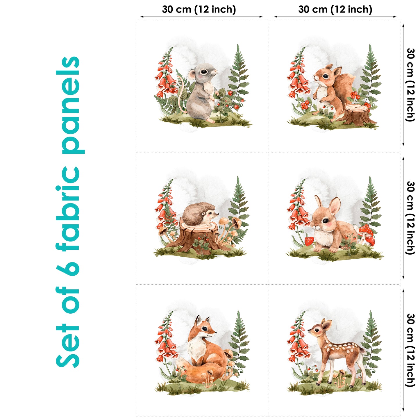 A set of 6 fabric panels featuring various cute animal characters such as a deer, squirrel, and bird in a forest setting. 