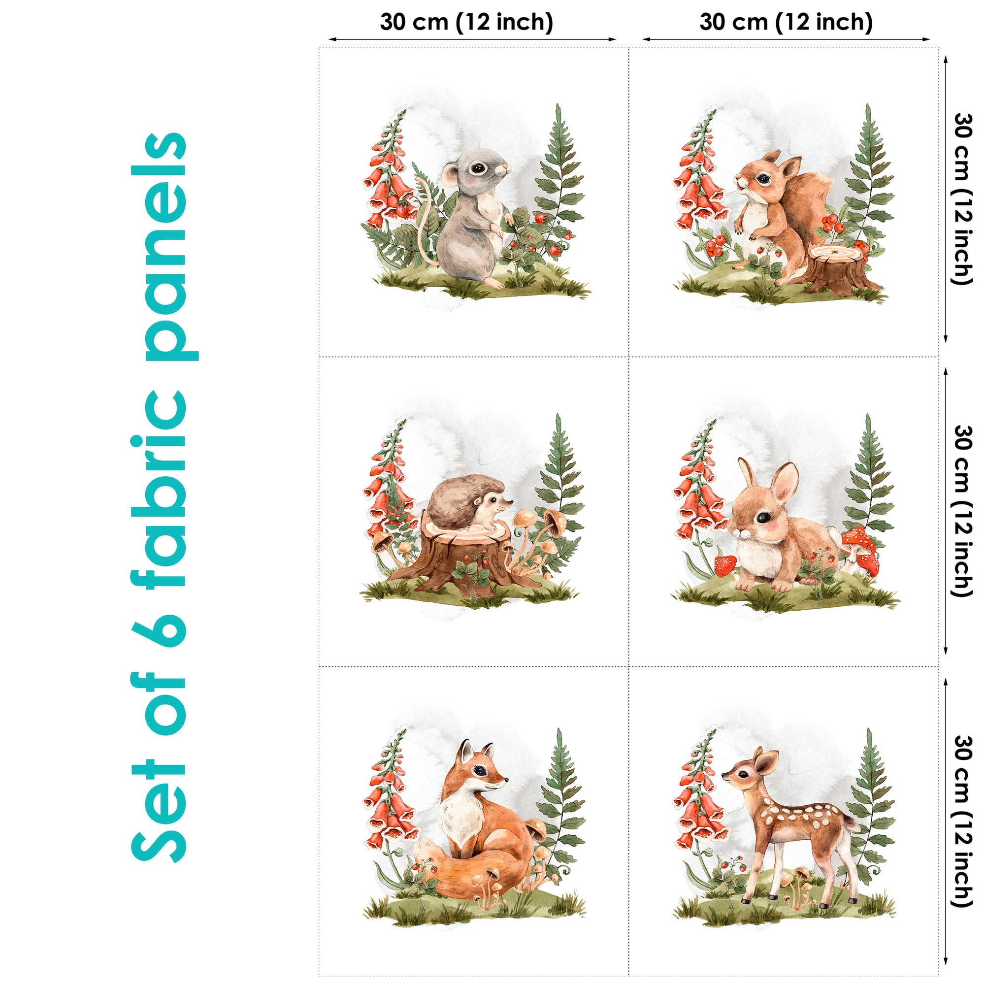 Forest Little Animals Set of 6 Fabric Panels