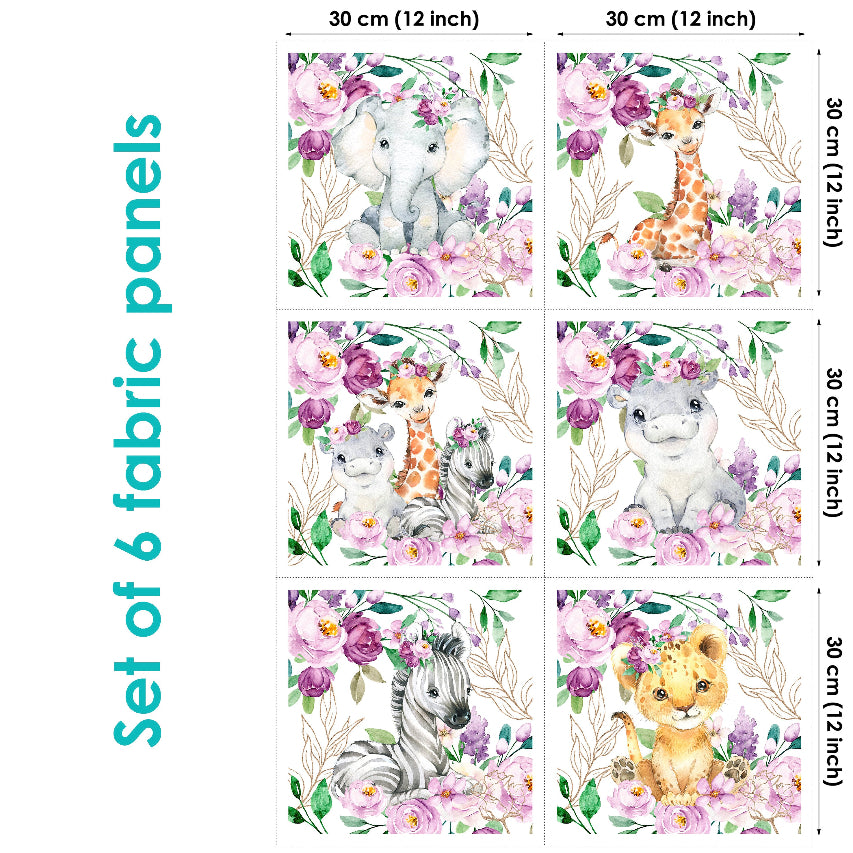 A set of six fabric panels with a floral and animal pattern, featuring giraffes, elephants, a zebra, a lion, and a crocodile surrounded by pink and purple flowers.