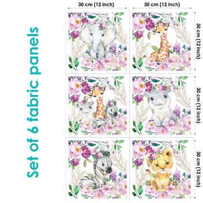 A set of six fabric panels with a floral and animal pattern, featuring giraffes, elephants, a zebra, a lion, and a crocodile surrounded by pink and purple flowers.