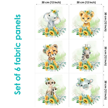 Set of 6 fabric panels featuring colorful cartoon animal characters such as a giraffe, monkey, bear, and others, set against a sunflower background.