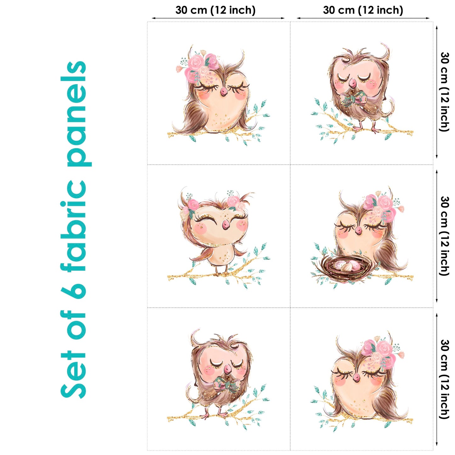 Glitter Owl Family Fabric Panels for Quilting