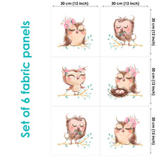 Cute Owl Set of 6 Fabric Panels