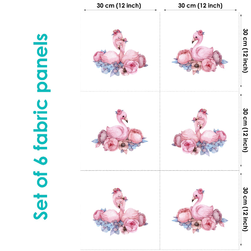 Set of 6 fabric panels with pink flamingo designs on a white background