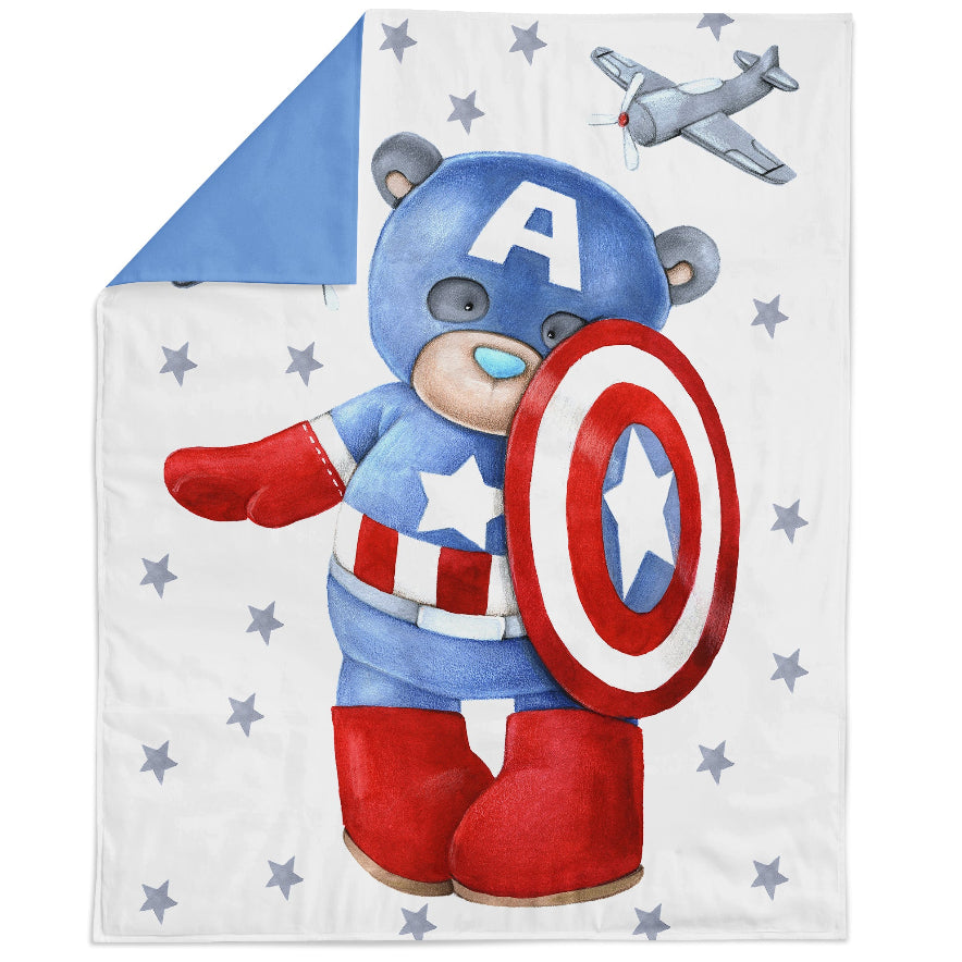 Cotton fabric panel with Captain America teddy bear design in blue blue and red tones