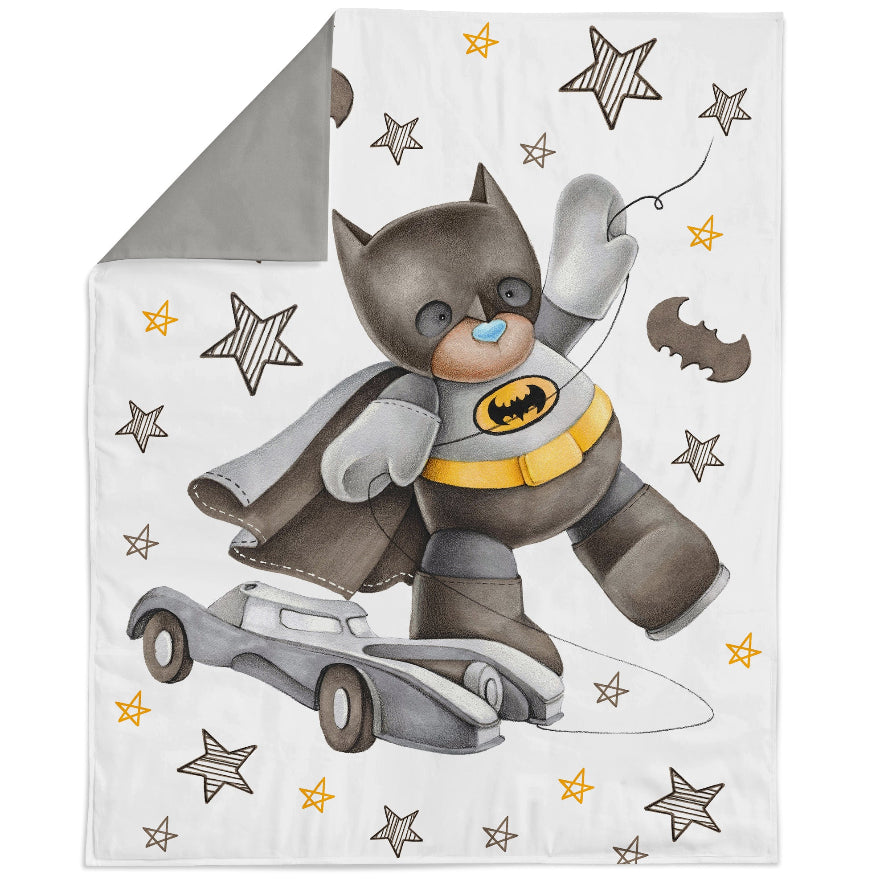 Cotton fabric panel with BatMan teddy bear design in black, gray and white tones