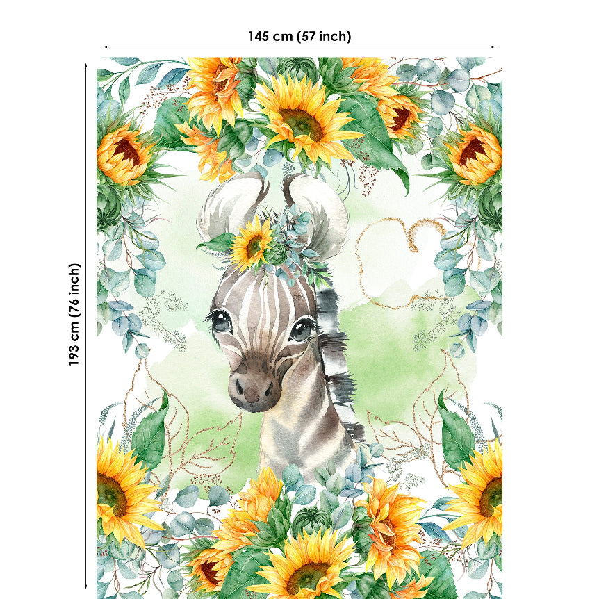Fabric panel with a zebra and sunflowers on a green background, featuring dimensions.