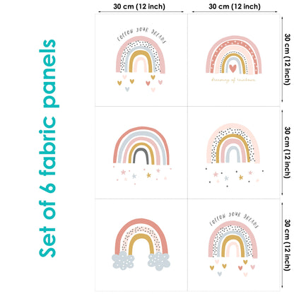 Set of 6 fabric panels featuring rainbow patterns with various designs, such as hearts and stars, on a white background.