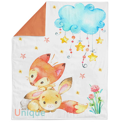 Fabric panel featuring a colorful illustration of a fox and a bunny with a cloud and stars background