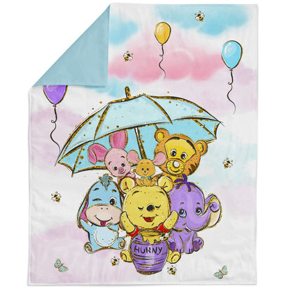 Fabric panel featuring colorful character illustrations from Winnie the Pooh, such as the title character and friends, with a pattern of balloons and a rainbow-filled sky in the background.