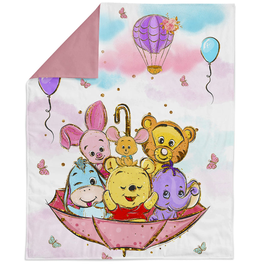 A fabric panel featuring colorful character illustrations from Winnie the Pooh, such as Winnie the Pooh, a teddy bear, and a balloon, with a pink umbrella background.