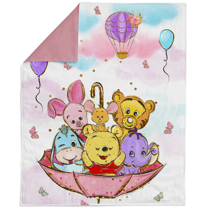 A fabric panel featuring colorful character illustrations from Winnie the Pooh, such as Winnie the Pooh, a teddy bear, and a balloon, with a pink umbrella background.