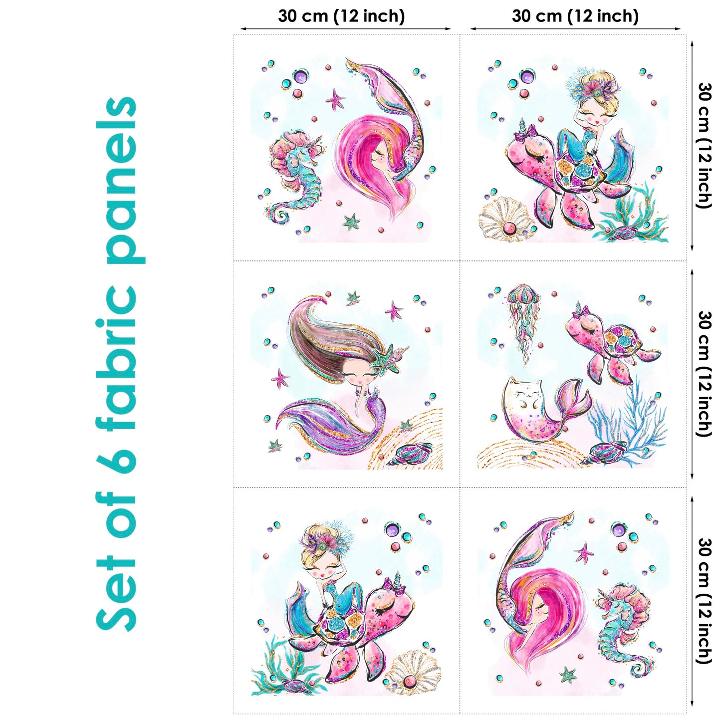 Set of 6 fabric panels with mermaid and other aquatic life themed prints, each measuring 30x30cm.