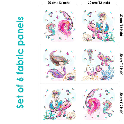 Set of 6 fabric panels with mermaid and other aquatic life themed prints, each measuring 30x30cm.