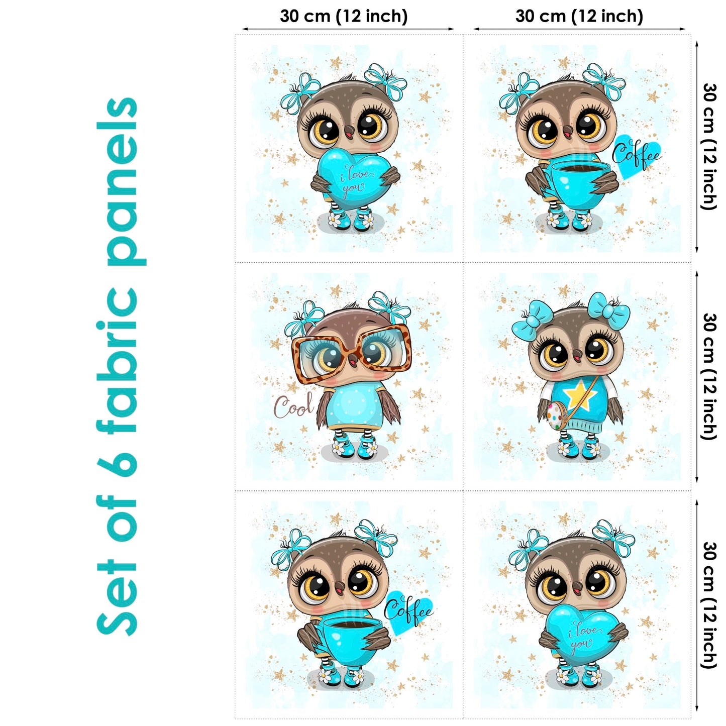 Set of six fabric panels featuring cartoon owl characters in various poses and expressions against a sparkle-patterned background.