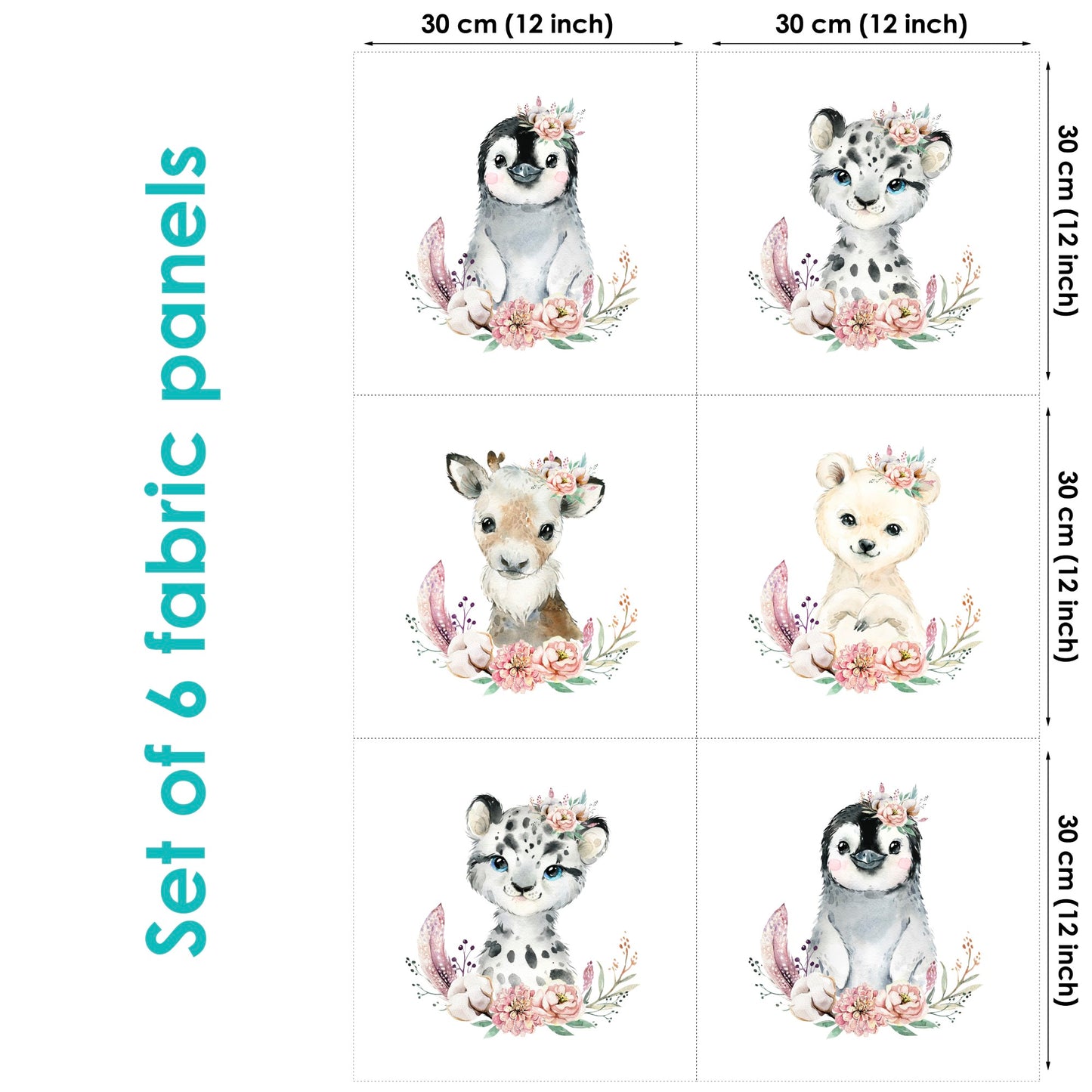 Set of 6 fabric panels featuring various cute animal designs, such as a deer and a bear, surrounded by floral elements and snowflakes, in a wintery color palette.