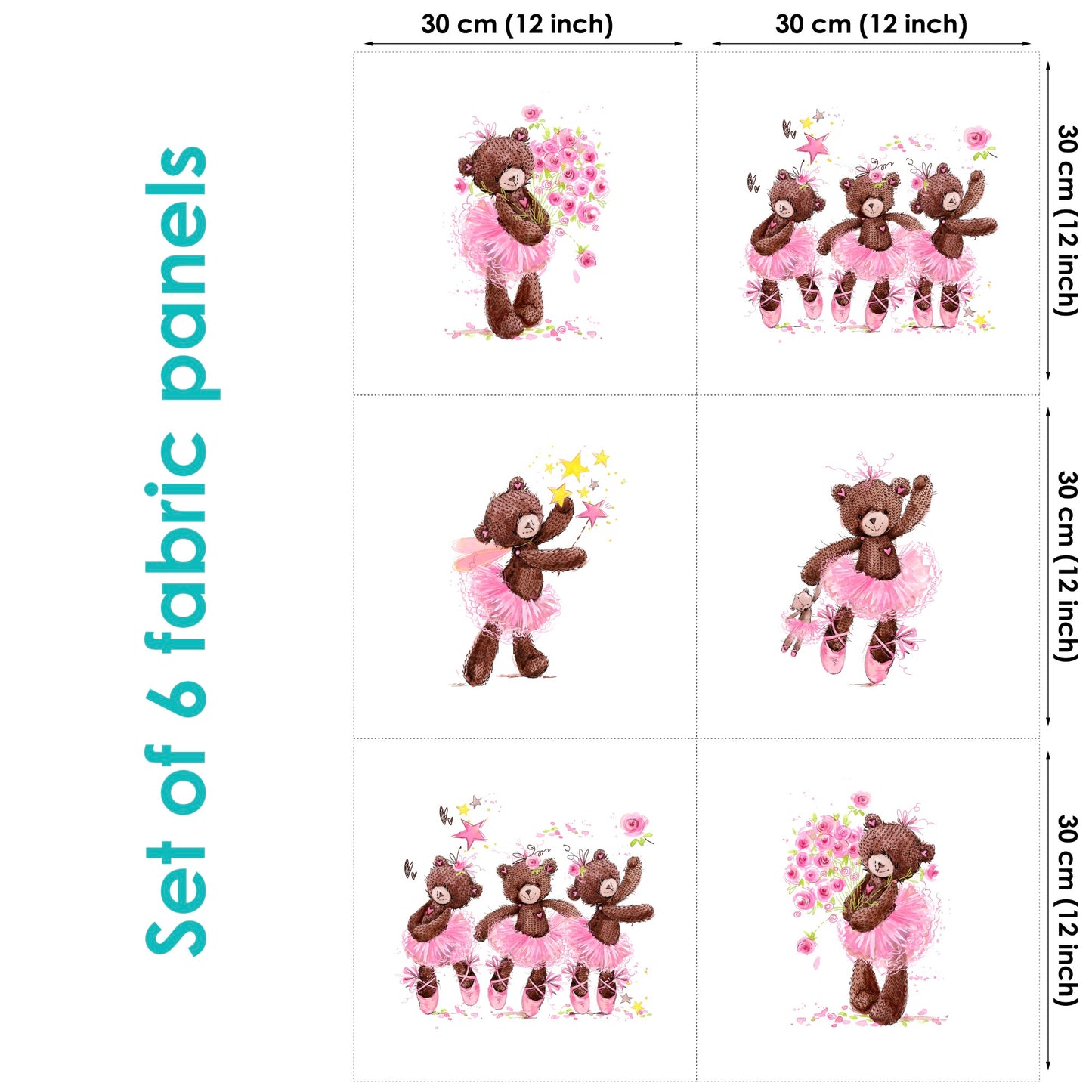 Set of 6 fabric panels featuring brown bears in pink tutus, each with the text '30 cm 12 in' indicating size.
