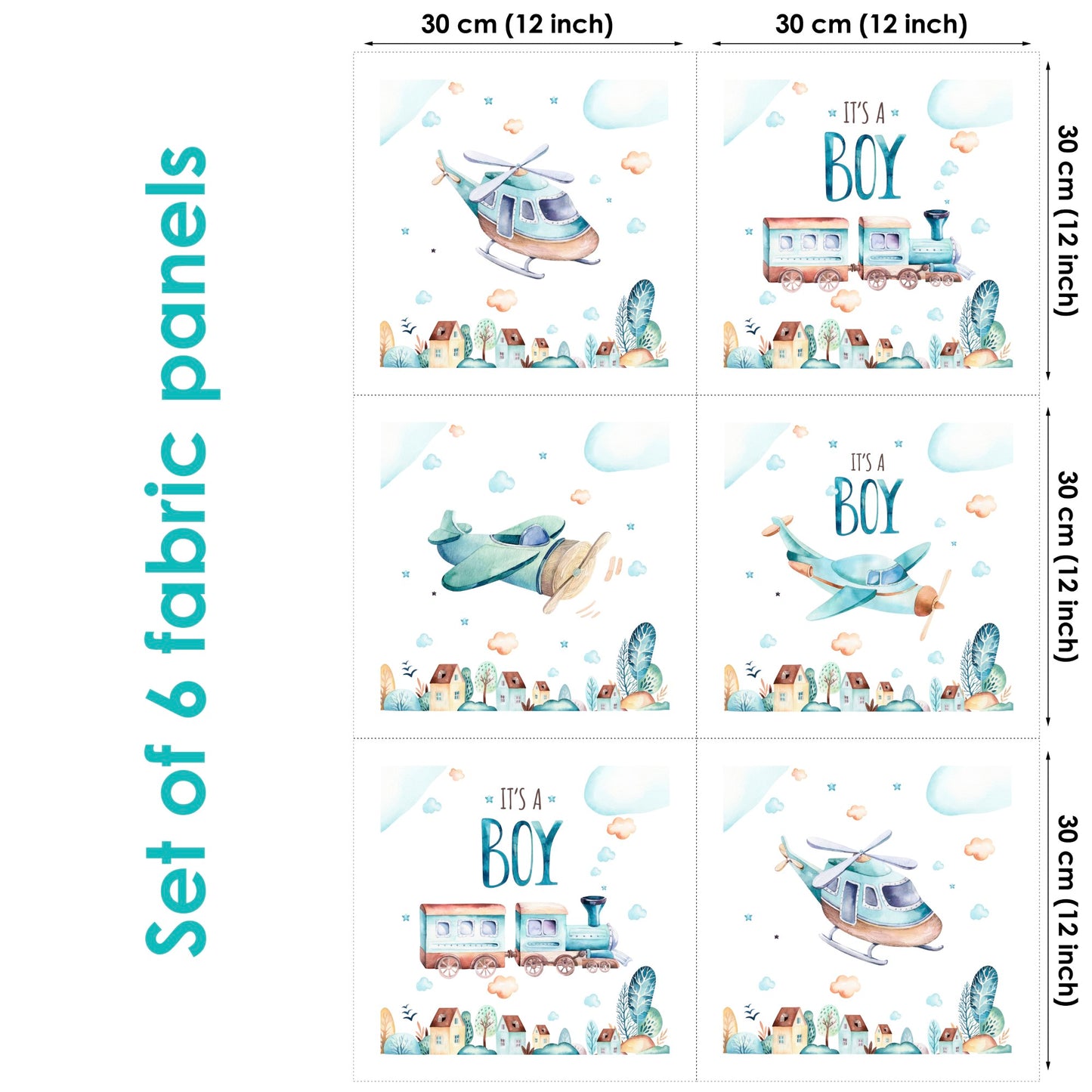 Set of 6 fabric panels featuring an illustration of a boy with an airplane and a train, alongside a set of ruler measurements indicating the size of the panels.
