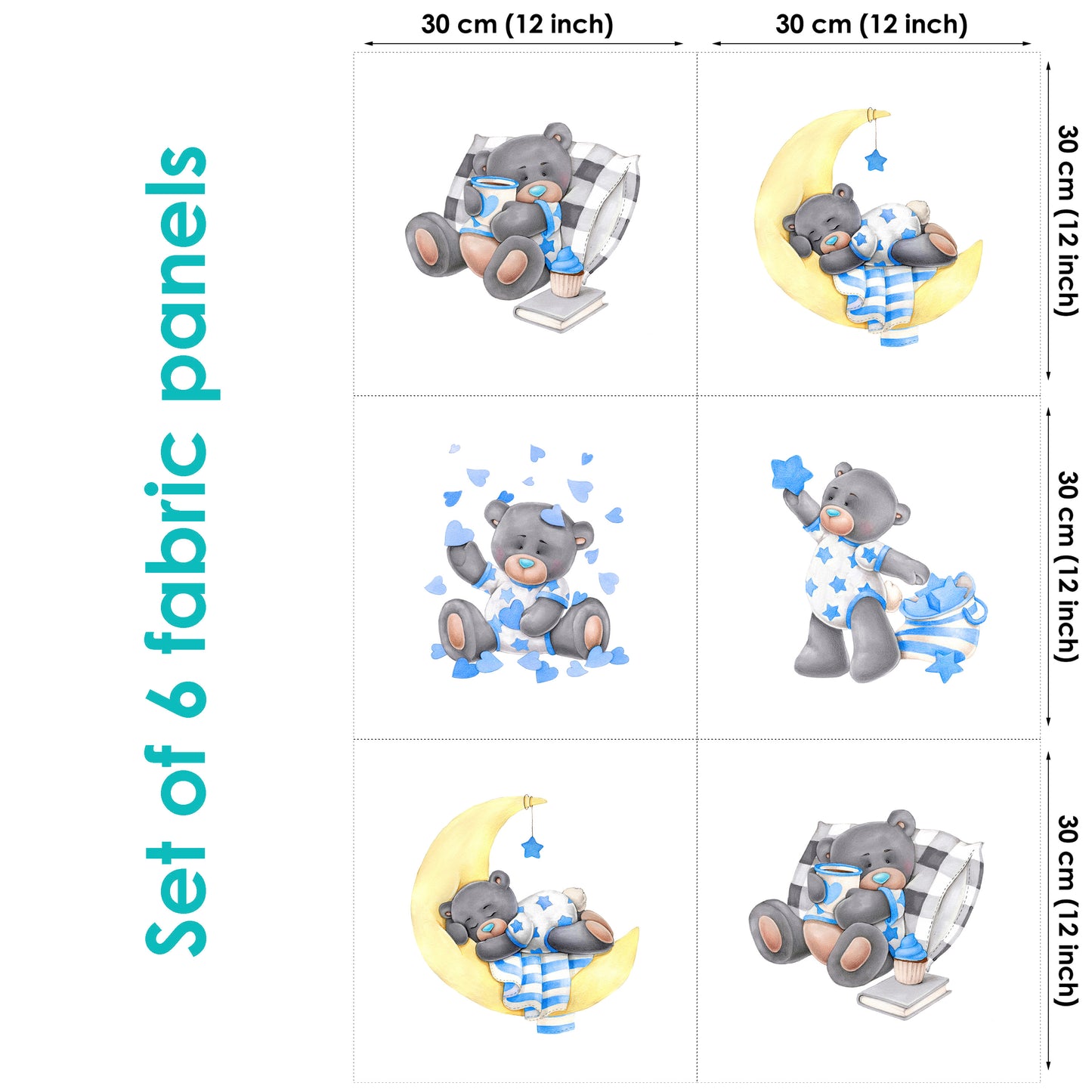 Set of 6 fabric panels featuring cartoon-style bear characters in various poses against a moon and star background.