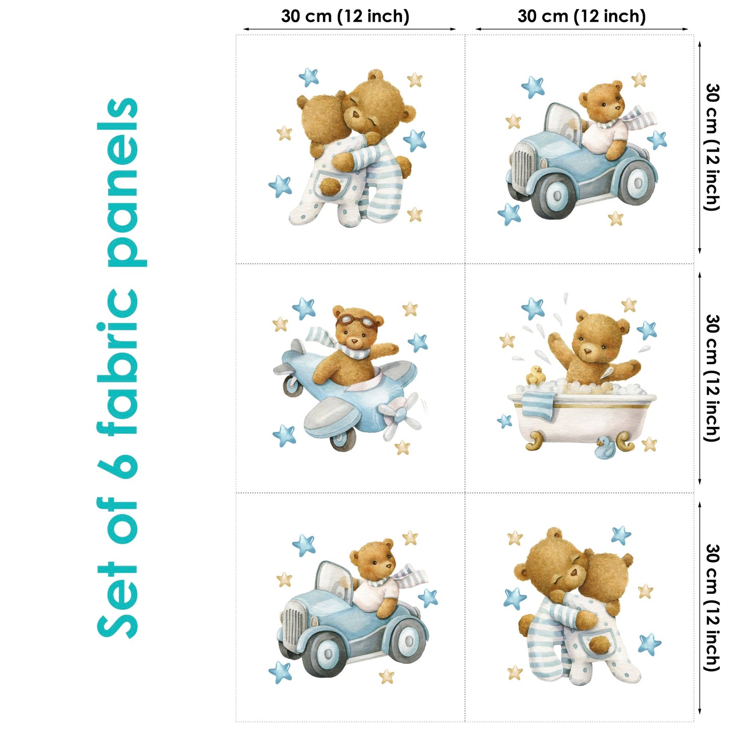 Set of 6 fabric panels featuring cute bear designs in various scenarios like riding a car and taking a bath.