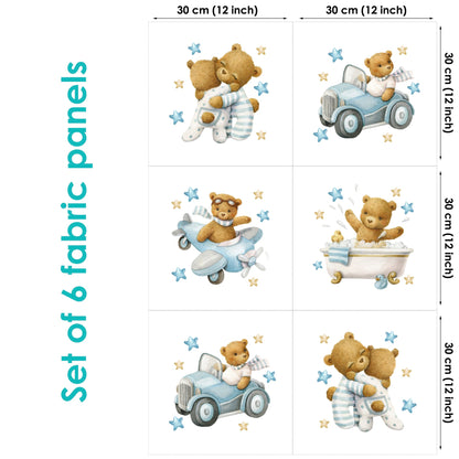 Set of 6 fabric panels featuring cute bear designs in various scenarios like riding a car and taking a bath.