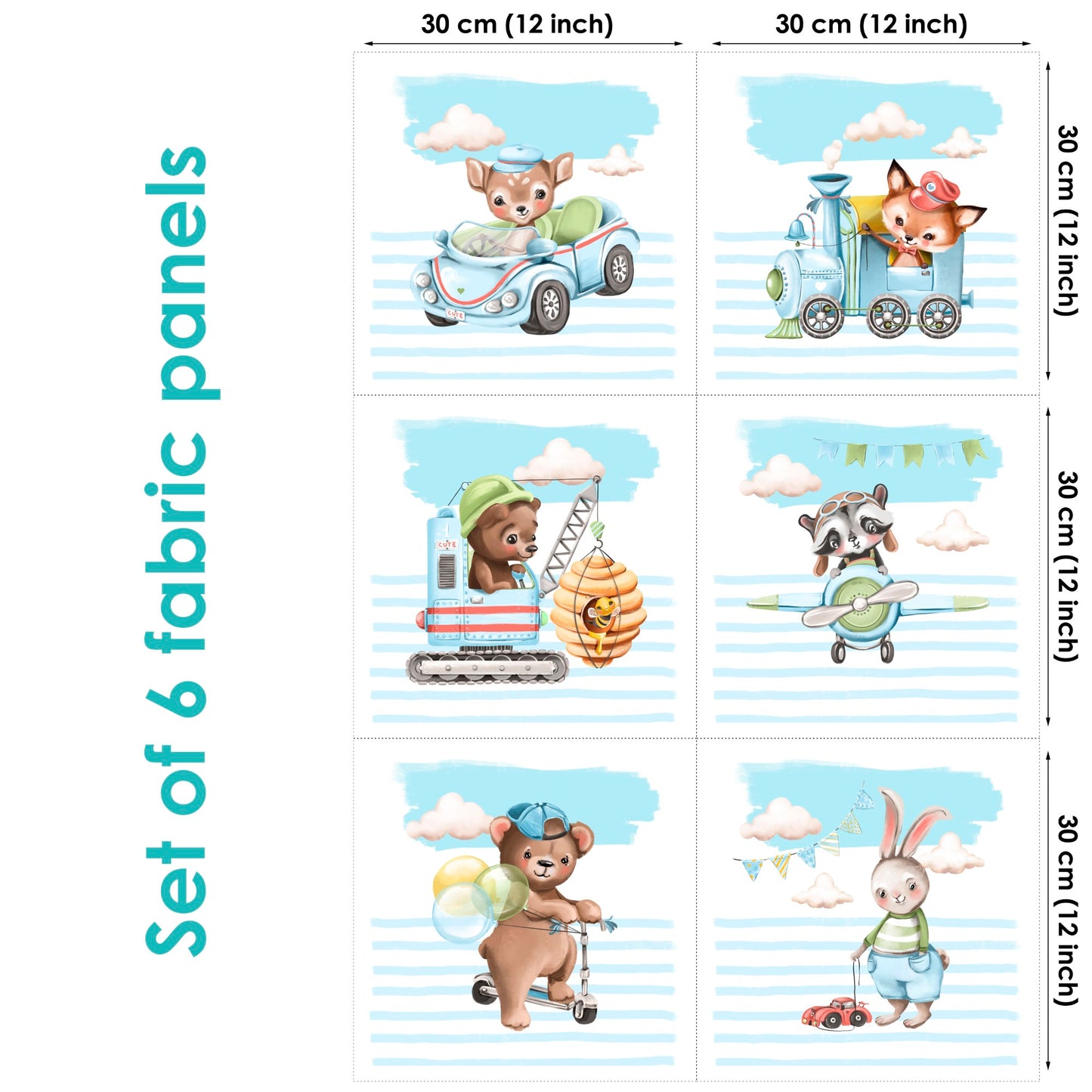 Set of 6 fabric panels featuring various cute animal characters in playful scenarios, such as a bear with a balloon, a rabbit with a kite, and others in a car and on a train.