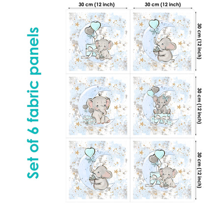 Blue Baby Elephant&Balloon Fabric Panels for Quilting