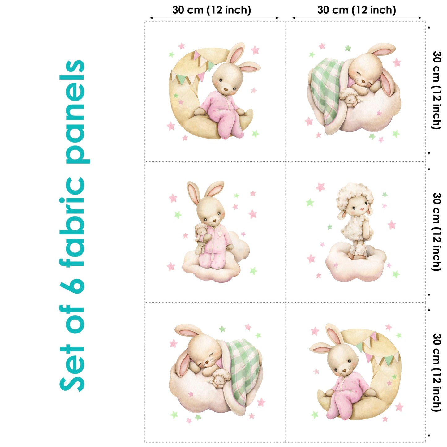 Set of 6 fabric panels featuring cute bunny designs, each with the dimensions indicated.
