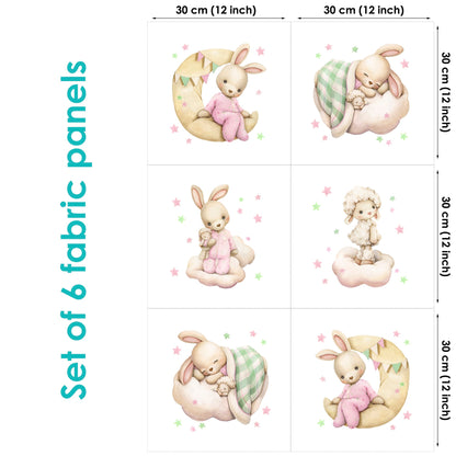 Set of 6 fabric panels featuring cute bunny designs, each with the dimensions indicated.