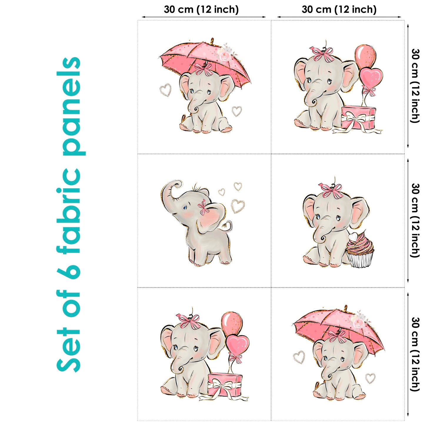 Baby Elephant Pink Balloon Fabric Panels for Quilting