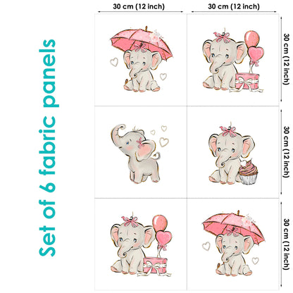 Baby Elephant Pink Balloon Fabric Panels for Quilting