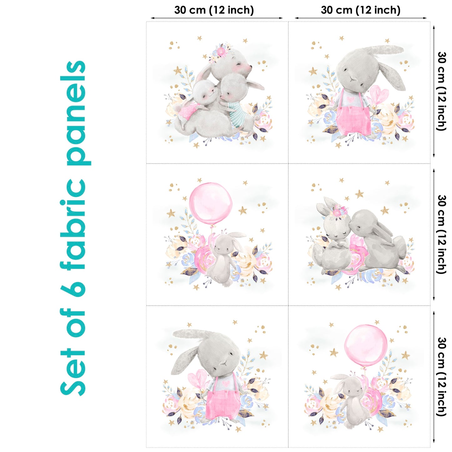 Set of 6 fabric panels featuring cute bunny designs in pink and white, with sizes ranging from 29.21 to 33.26 inches.