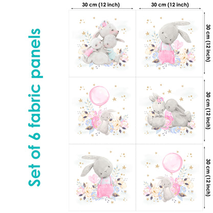 Set of 6 fabric panels featuring cute bunny designs in pink and white, with sizes ranging from 29.21 to 33.26 inches.