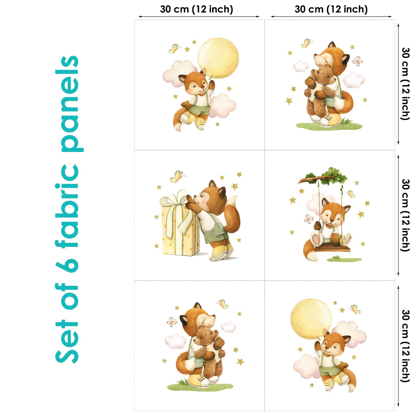 Set of 6 fabric panels featuring cartoon fox characters in various poses and expressions.
