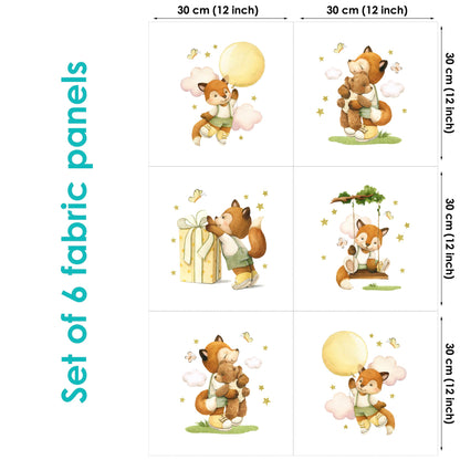Set of 6 fabric panels featuring cartoon fox characters in various poses and expressions.