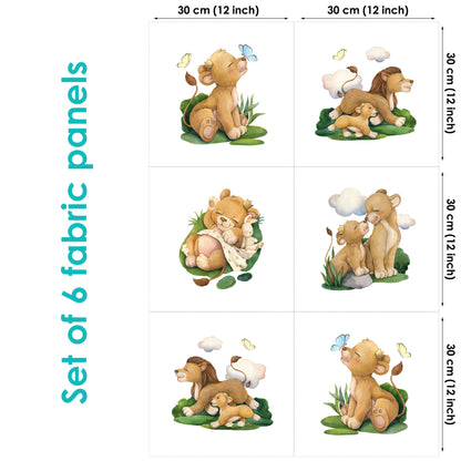 Set of 6 fabric panels featuring illustrations of lions, with greenery and cloud motifs in the background. Each panel is 30cm x 30cm.