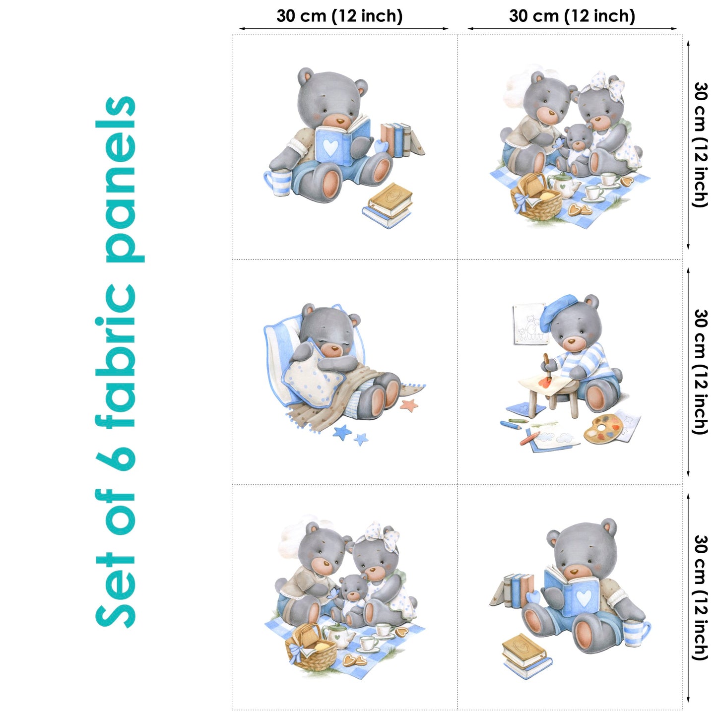 Set of 6 fabric panels featuring cartoon bear family characters in various poses and activities, predominantly in blue and white colors.