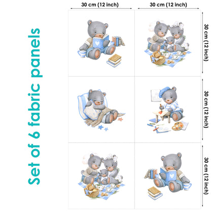 Set of 6 fabric panels featuring cartoon bear family characters in various poses and activities, predominantly in blue and white colors.