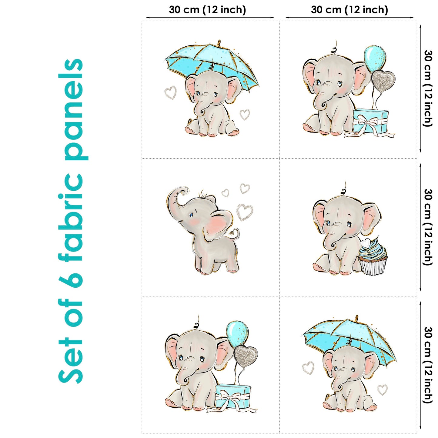 Baby Elephant Balloon Fabric Panels for Quilting