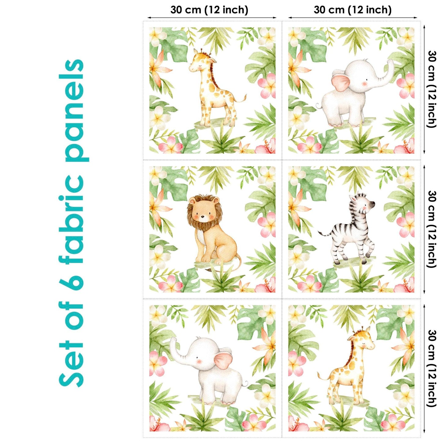 A set of six fabric panels with a jungle safari theme, featuring prints of a giraffe, lion, zebra, and other wildlife on a white background with green foliage.