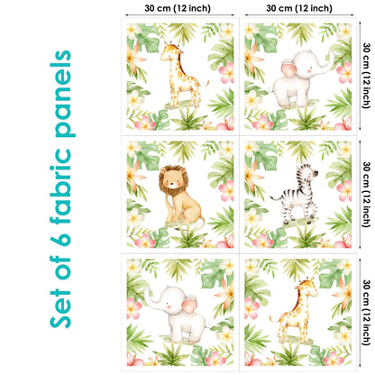 A set of six fabric panels with a jungle safari theme, featuring prints of a giraffe, lion, zebra, and other wildlife on a white background with green foliage.
