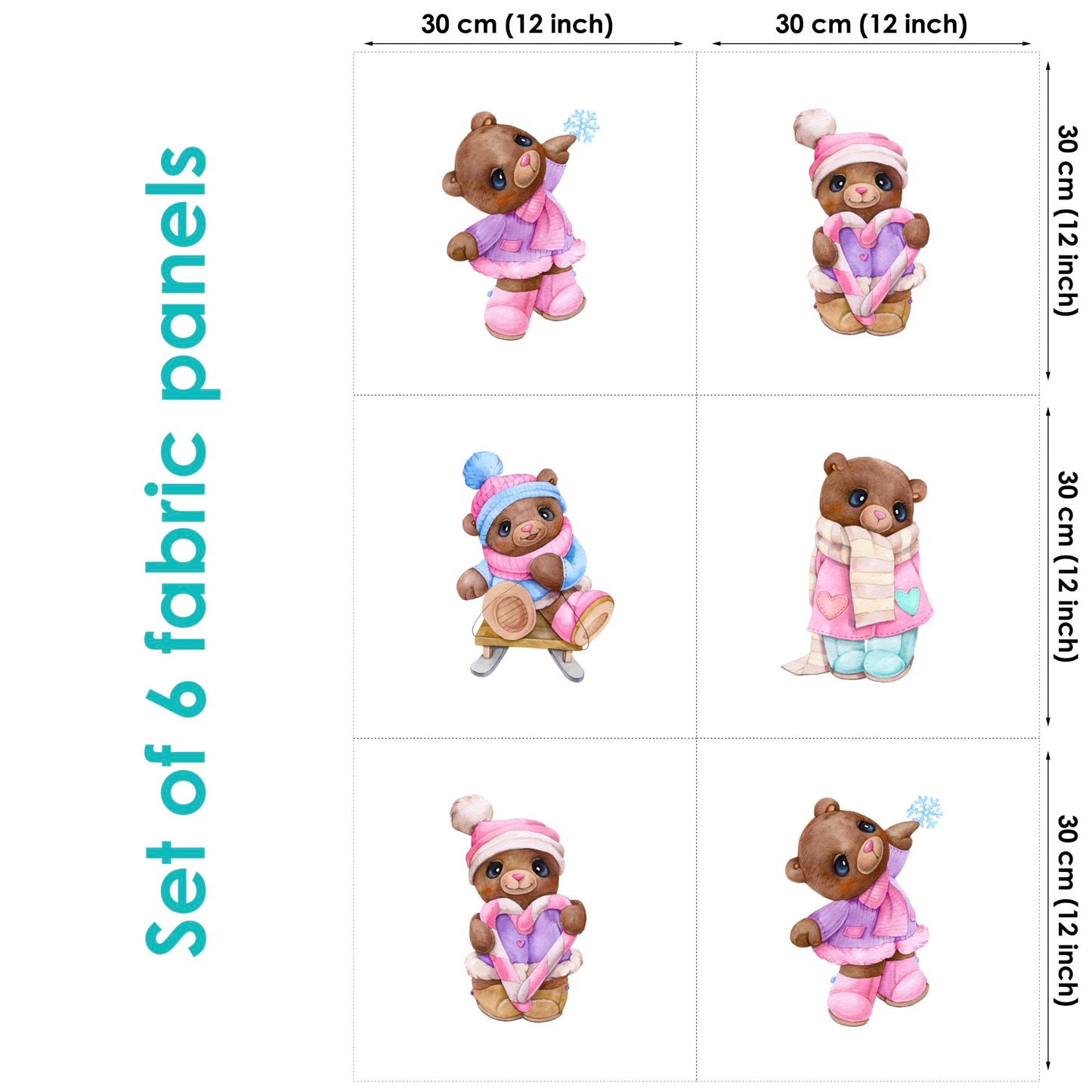 Set of 6 fabric panels featuring illustrated bear characters in various outfits and poses against a white background.